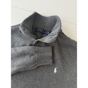 Polo Ralph Lauren Quarter Button High Collar Sweater Cotton Men L Gray white